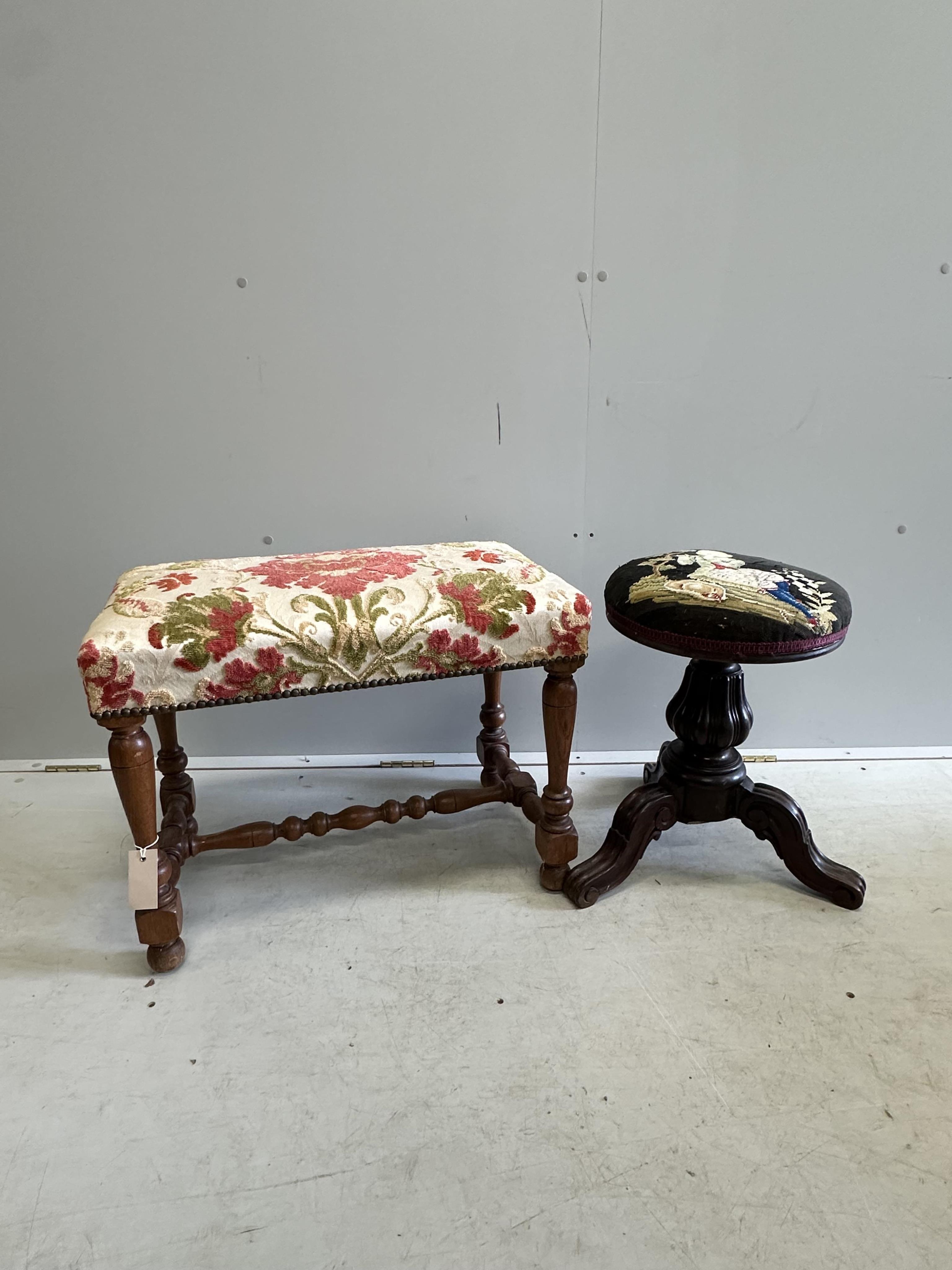 A Victorian rosewood adjustable piano stool, together with a later turned oak dressing stool. Condition - fair